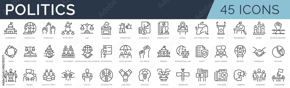 Set of 45 outline icons related to politics. Linear icon collection. Editable stroke. Vector illustration Set of 45 outline icons related to politics. Linear icon collection. Editable stroke. Vector illustration