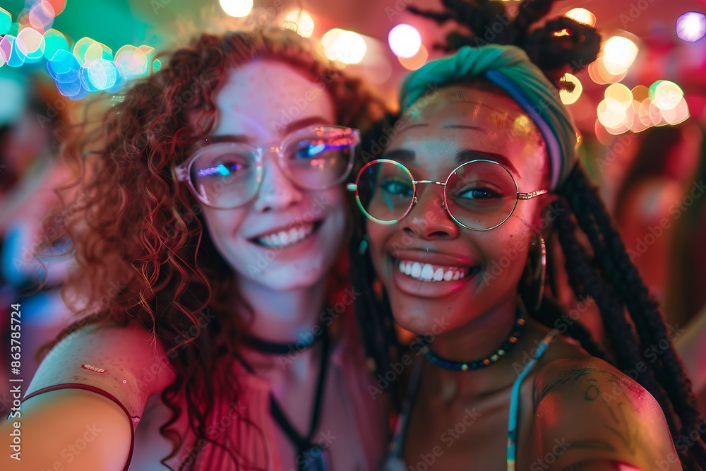 A photo of two diverse happy friends taking a selfie at the festival. One is an attractive young woman with curly red hair and glasses wearing a pink top. The other has braided black hair in dreadlock A photo of two diverse happy friends taking a selfie at the festival. One is an attractive young woman with curly red hair and glasses wearing a pink top. The other has braided black hair in dreadlock
