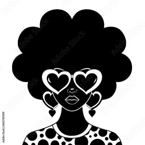 Stylish Afro Woman with Sunglasses Illustration, Bold black and white illustration of a woman with a large afro hairstyle, wearing sunglasses and hoop earrings, exuding confidence and style.

