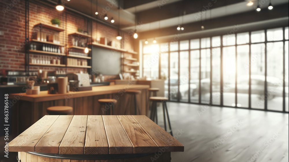 Empty wood tabletop or counter with display product. Blur image of concerte brick wall background. Display product background concept Empty wood tabletop or counter with display product. Blur image of concerte brick wall background. Display product background concept