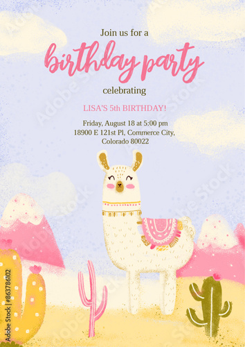 A cute birthday invitation for a girl with an illustration of a lama walking in nature with mountains and cacti. A template for an invitation in a simple children's style with bright natural shades