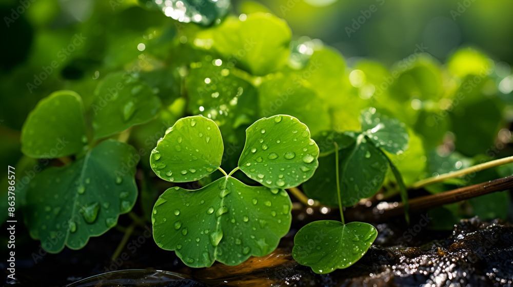 Four-leaf clover covered in water droplets, symbolizing luck and freshness. Four-leaf clover covered in water droplets, symbolizing luck and freshness.