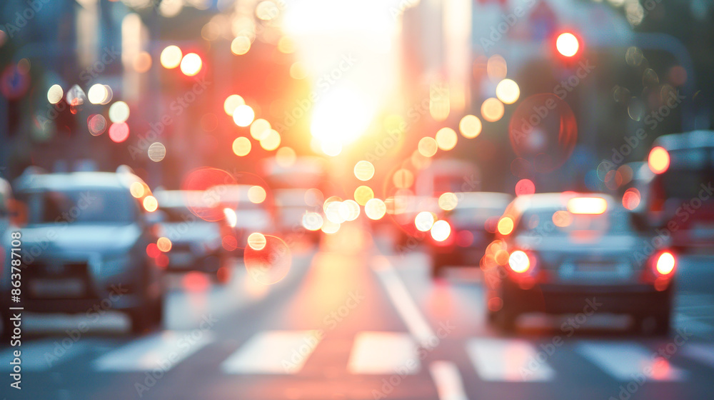 A blurred background of a busy city intersection at sunset, with car headlights and taillights creating bokeh A blurred background of a busy city intersection at sunset, with car headlights and taillights creating bokeh