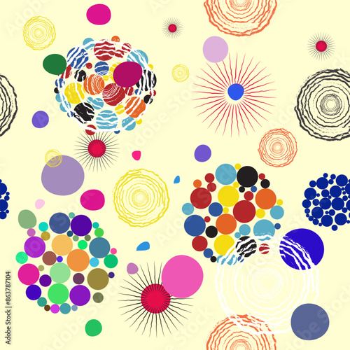 A colorful pattern of circles and stars on a yellow background. The circles are of different sizes and colors, and the stars are scattered throughout the image.  Seamless pattern