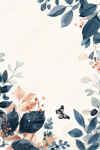 cute illustration of a border of winter folliage and a few butterflies to go around a white A5 page  and airy pastel color palette, white background photo