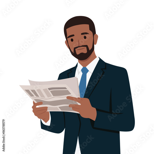 Business man reading. Holding opened newspaper in hands. Flat vector illustration isolated on white background