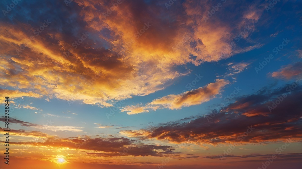 Fototapeta premium Dramatic Sunset with Vibrant Clouds Illuminating the Evening Sky