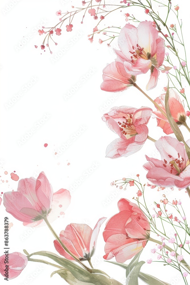 a collection of romantic watercolor flower clipart on a white background. Begin with a small cluster of delicate cherry blossoms and graceful tulips as individual a collection of romantic watercolor flower clipart on a white background. Begin with a small cluster of delicate cherry blossoms and graceful tulips as individual