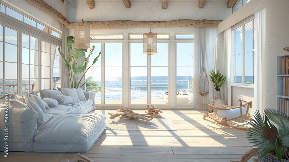 A guest room with a modern beach house vibe, showcasing light, airy colors, driftwood decor, and large windows with ocean views. A guest room with a modern beach house vibe, showcasing light, airy colors, driftwood decor, and large windows with ocean views.