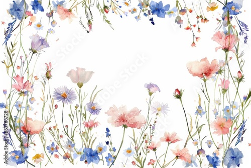 hand drawing wildflower rectangle frame, watercolor style, simple and dreamy style