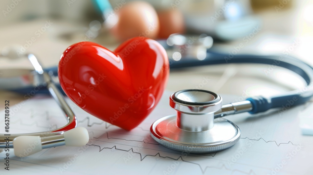 Red Heart and Stethoscope on Medical Chart Representing Healthcare and Cardiovascular Health Red Heart and Stethoscope on Medical Chart Representing Healthcare and Cardiovascular Health