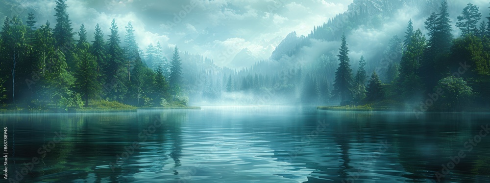 A tranquil lake at dawn with a blanket of mist over the water, surrounded by dense forest and mountains. A tranquil lake at dawn with a blanket of mist over the water, surrounded by dense forest and mountains.