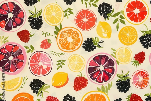 retro illustration of blackberries, raspberries, orange slices, lemon slices and grapefruit slices