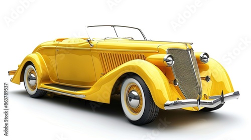 Unique shaped classic car in yellow color isolated on white background