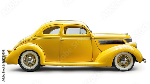Unique shaped classic car in yellow color isolated on white background
