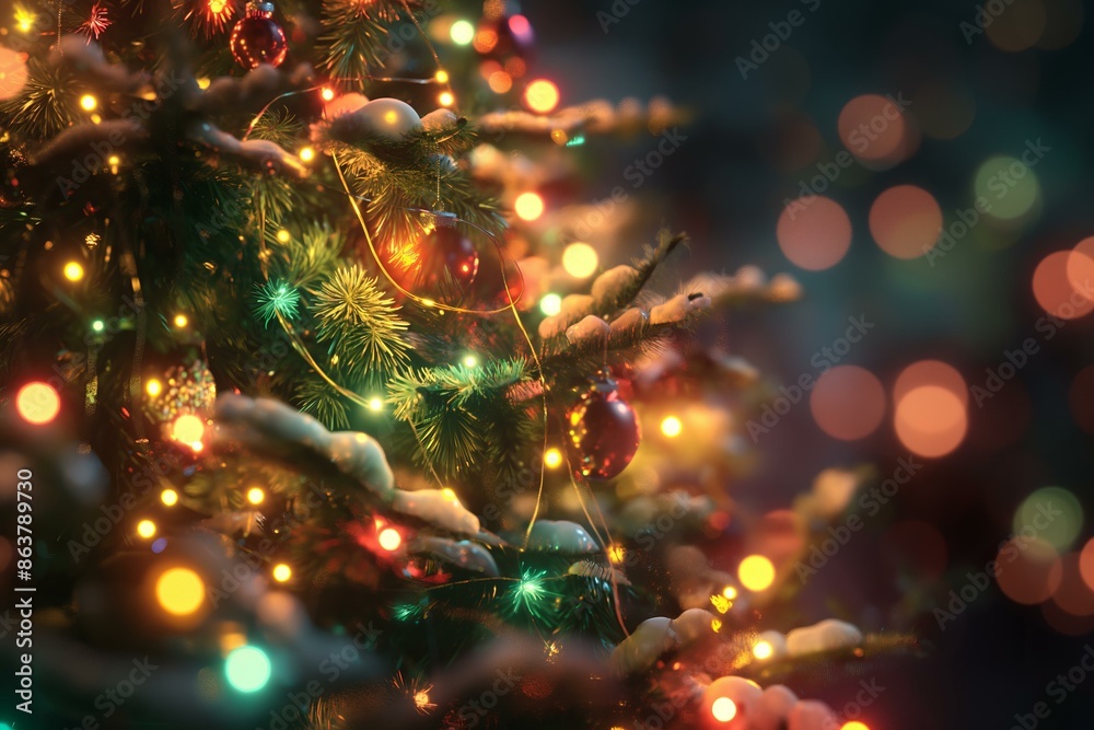 Close Up of Christmas Ornaments on a Decorated Tree Close Up of Christmas Ornaments on a Decorated Tree