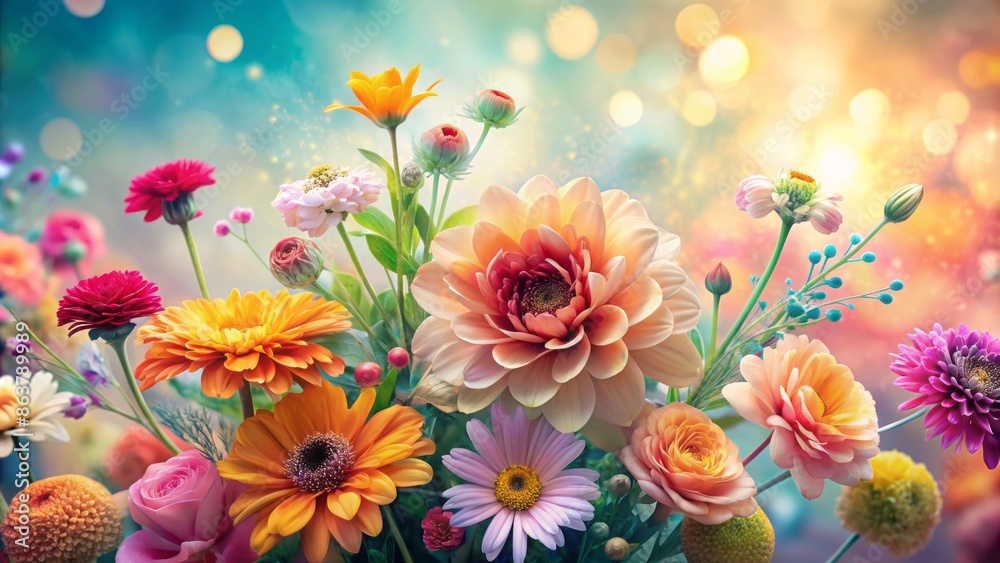 Fototapeta premium Vibrant colorful blooming flowers arranged artfully on a soft pastel background with gentle blurred petals and subtle natural textures.