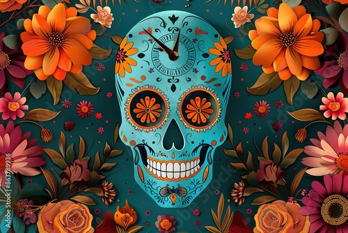 Human skulls with red roses and leaves. Hand drawn watercolor illustration. Seamless pattern.