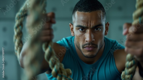 Intense Focus on Fitness: Young Man Engaged in Battle Rope Training for Strength and Endurance