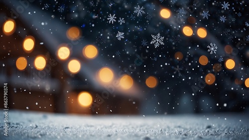 Embrace the enchanting beauty of winter with this captivating stock photo. Softly falling snowflakes blur against a backdrop of warm, glowing lights, creating a serene and festive ambiance. © Touhid09