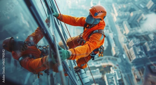 Window Washer Ascending a Tall Building in the City