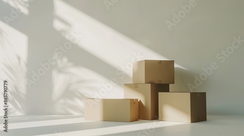 Abstract composition of cardboard boxes in minimalist style. Simple geometric forms arranged in a soft light and shadow. Versatile for design projects. Perfect for conveying simplicity and order. AI © Irina Ukrainets