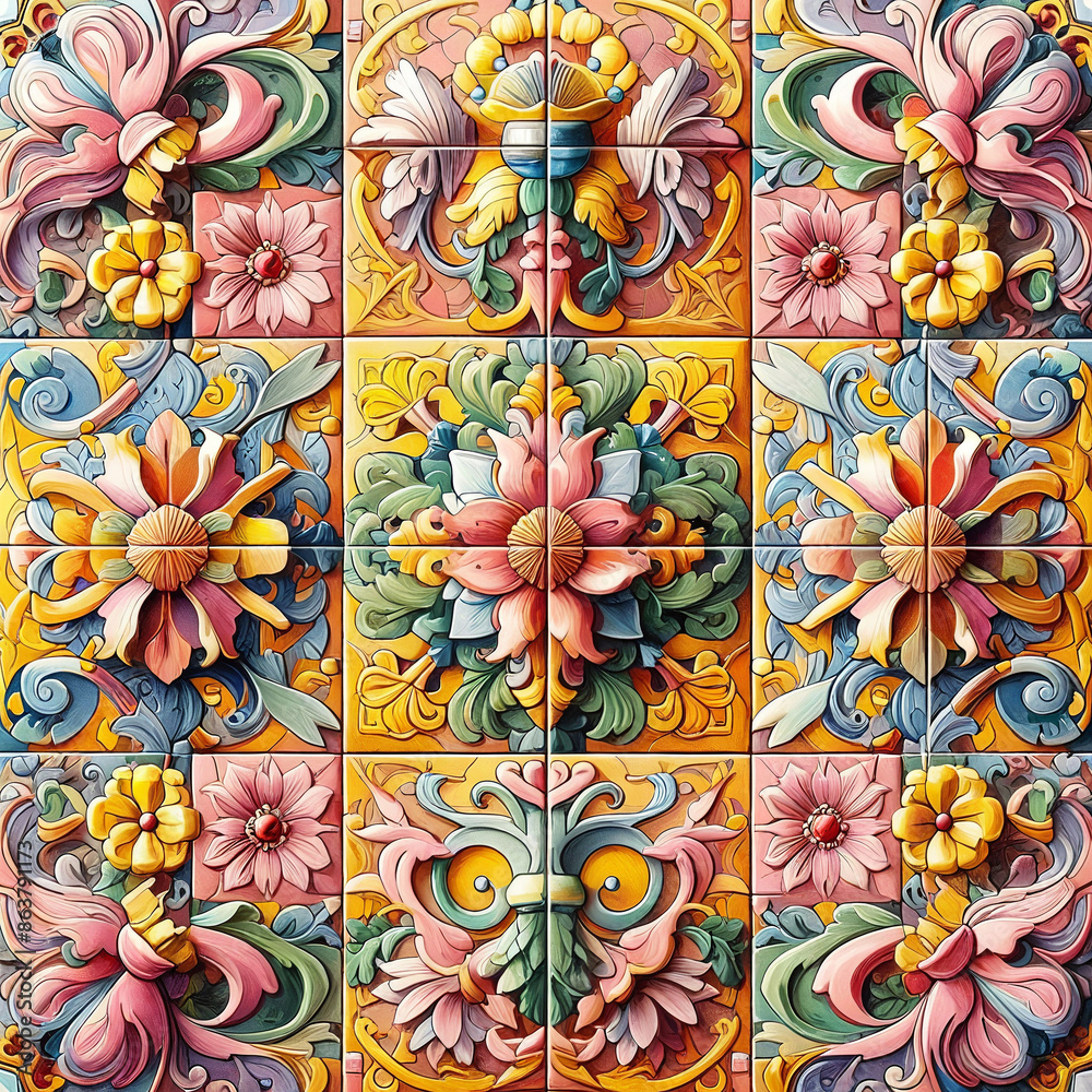 Naklejka premium Spanish tiles in pink and yellow background