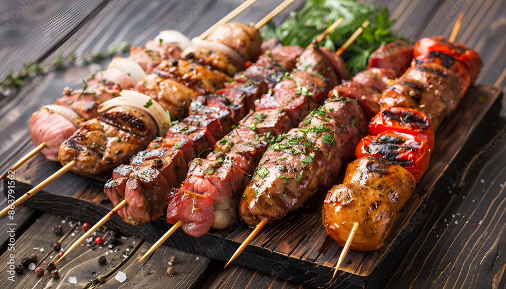 selection of grilled gourmet meats on a rustic timber board. selection of grilled gourmet meats on a rustic timber board.