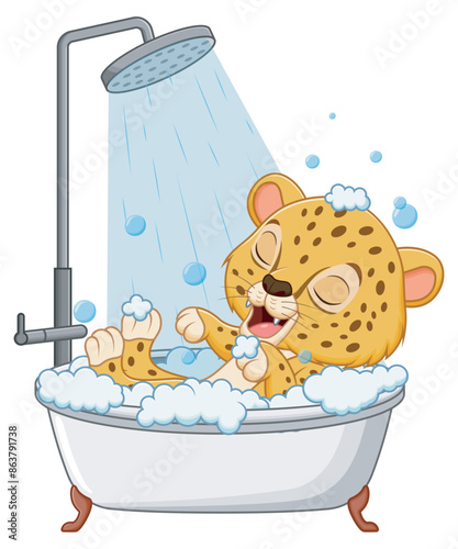 Cute Cheetah Cartoon Bathing In Bathtub. Animal Nature Icon Concept Isolated Premium Vector. Vector Illustration