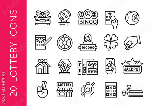 Lottery Icons. Set of 20 lottery-themed trendy minimal icons. Bingo, scratch card, Jackpot, lucky clover, winning ticket. Design signs for web page, mobile app, packaging design. Vector illustration photo