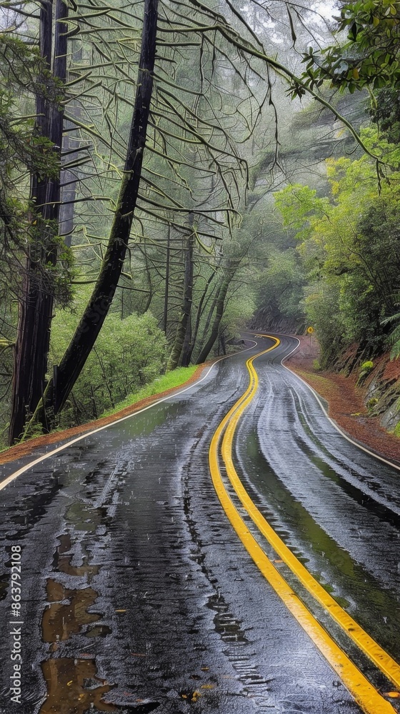 Obraz premium Hailstorm on a Winding Road with Yellow Line in a Forest. Ideal for Travel, Scenic Routes, and Outdoor Adventures. Perfect for Seasonal Themes like Summer, Autumn, Spring, and Four Seasons. AI-Generat
