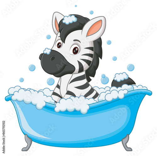 Cute Zebra Cartoon Bathing In Bathtub. Animal Nature Icon Concept Isolated Premium Vector. Vector Illustration