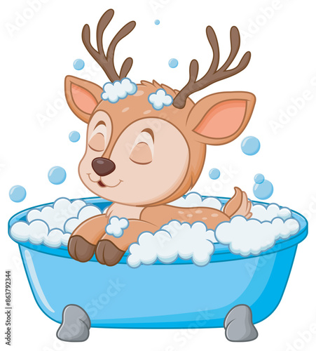 Cute Deer Cartoon Bathing In Bathtub. Animal Nature Icon Concept Isolated Premium Vector. Vector Illustration