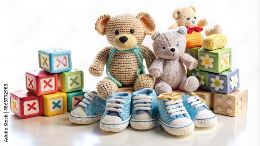 Adorable infant items including soft toys, baby blocks, and tiny shoes artfully arranged on a pure white background. Adorable infant items including soft toys, baby blocks, and tiny shoes artfully arranged on a pure white background.