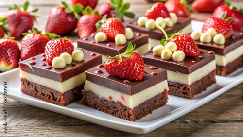 Fresh strawberries and rich milk chocolate squares elegantly garnished with white chocolate chips on a pristine white plate. photo