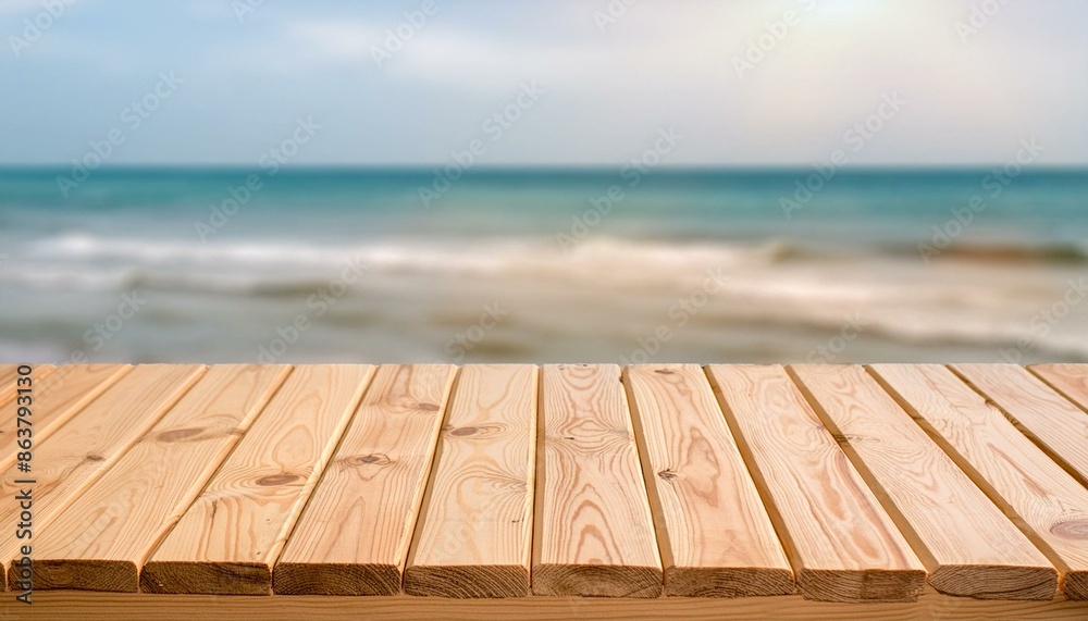 wooden table with blurred blue sea of blue sky with clouds on background - For product display wooden table with blurred blue sea of blue sky with clouds on background - For product display