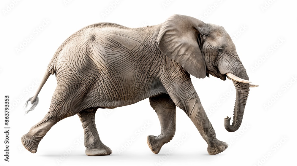 Fototapeta premium Elegant elephant walking forward isolated on white background. Realistic style AI-generated image capturing the majestic beauty of an elephant.