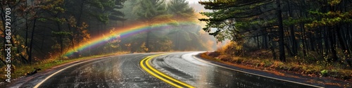 Rainy Day with Rainbow over a Winding Road with Yellow Line in a Forest. Ideal for Travel, Scenic Routes, and Outdoor Adventures. Perfect for Seasonal Themes like Summer, Autumn, Spring, and Four Seas