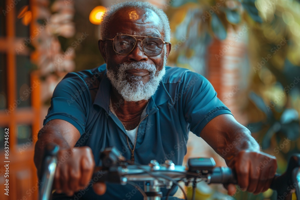 Elderly black man cycles on indoor fitness bike at home. Elderly black man cycles on indoor fitness bike at home.