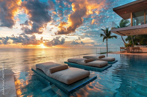 Sunset View From Luxury Villa Infinity Pool With Floating Loungers
