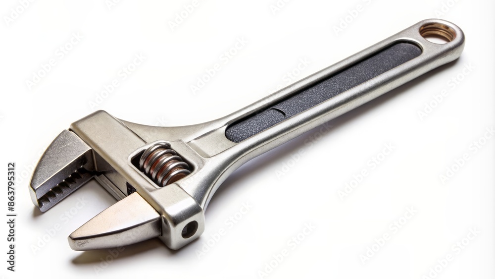Single adjustable wrench tool with metal body and rubber grip laid flat on a clean white surface alone. Single adjustable wrench tool with metal body and rubber grip laid flat on a clean white surface alone.