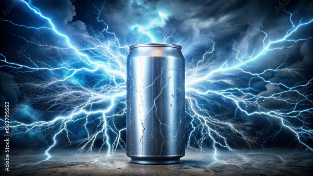 A vibrant illustration of a sleek silver can with electric blue lightning bolts surrounding it on a dark stormy background. A vibrant illustration of a sleek silver can with electric blue lightning bolts surrounding it on a dark stormy background.