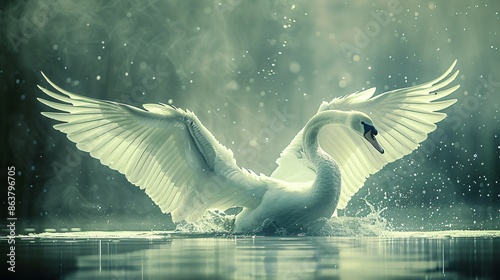 Fototapeta Naklejka Na Ścianę i Meble -  White swan in flight over the lake with nature background, landscape moody wall art, background, wallpaper