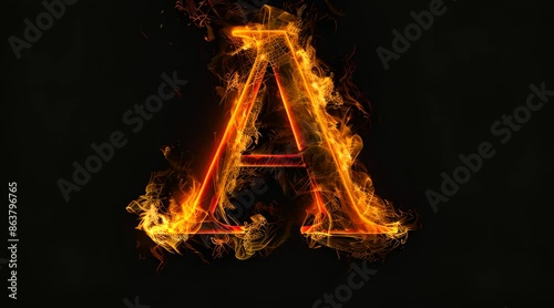 A letter A is made out of fire. The letter is surrounded by flames and he is glowing