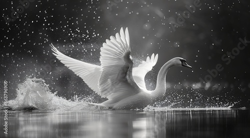 Fototapeta Naklejka Na Ścianę i Meble -  White swan in flight over the lake with nature background, landscape moody wall art, background, wallpaper