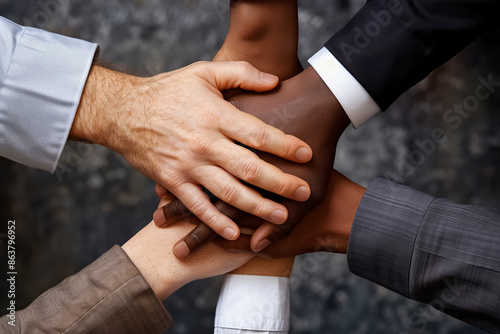 Closeup of diverse hands stacked together, symbolizing unity, teamwork, and collaboration in a community setting, promoting strength in teamwork and solidarity © lenblr