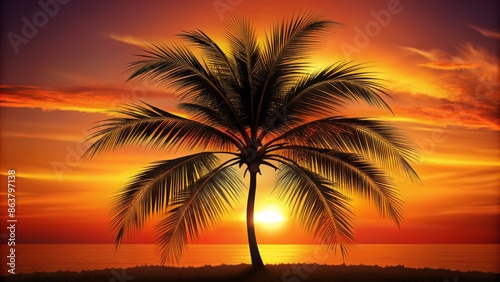 Majestic palm tree set against a vibrant orange sunset with intricate leaf details in a stark black silhouette vector design.