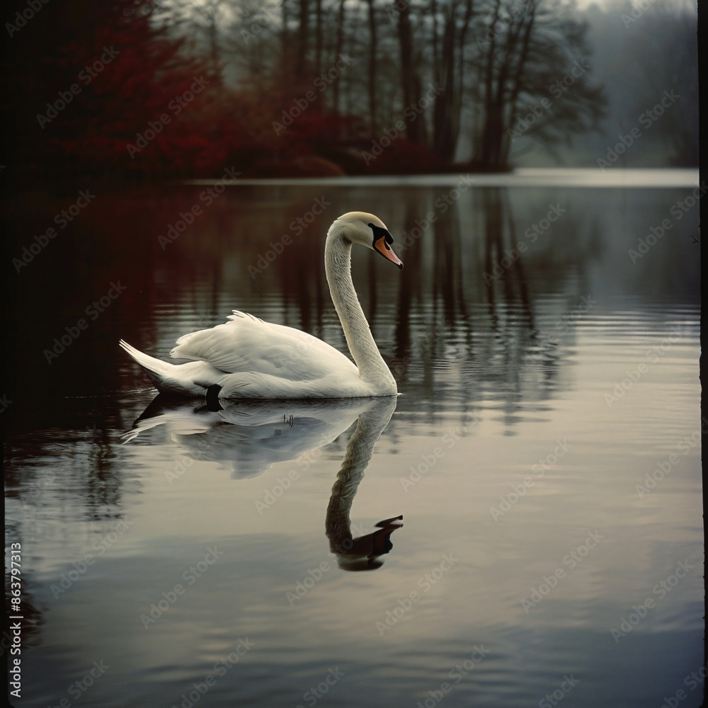 White swan on the lake with nature background, landscape moody wall art, background, wallpaper White swan on the lake with nature background, landscape moody wall art, background, wallpaper