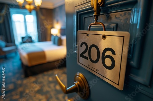 Hotel Room Door With Number 206 and View of Bedroom