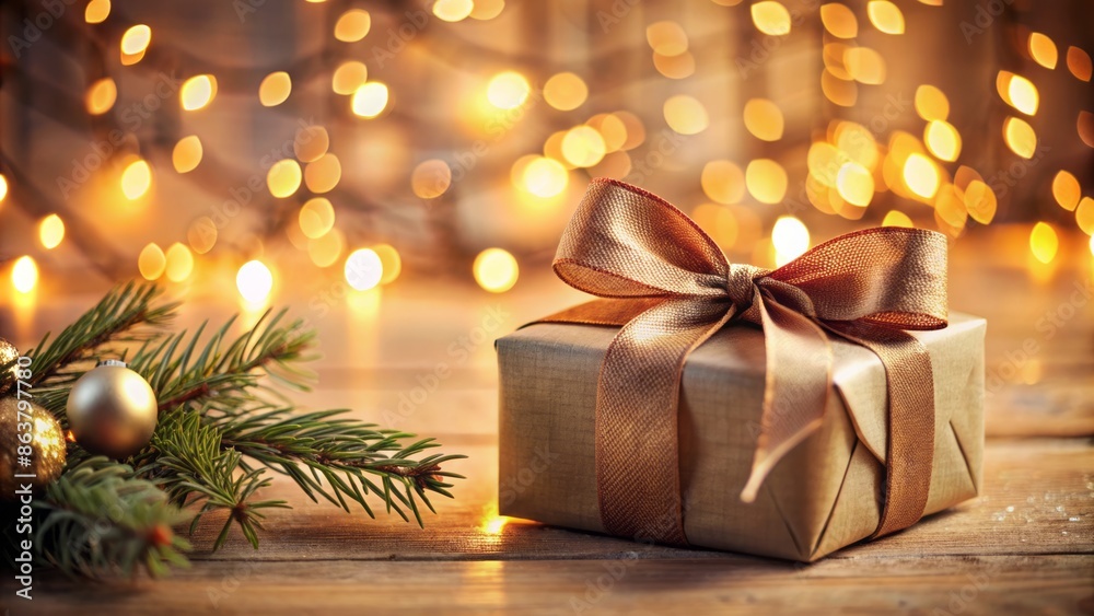 Delicately wrapped gift box adorned with elegant ribbon, evoking warmth and festive spirit, set against a soft, serene indoor background. Delicately wrapped gift box adorned with elegant ribbon, evoking warmth and festive spirit, set against a soft, serene indoor background.